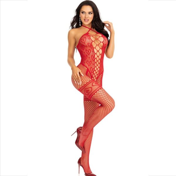 LEG AVENUE -CATSUIT EM REDE COM CRUZADO VERMELHO