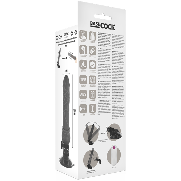 VIBRADOR REALÍSTICO BASECOCK PRETO (COM COMANDO) | 19,5 CM