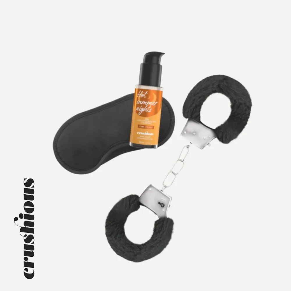 DÉSIR NOIR CONJUNTO DE ALGEMAS + VENDA ACETINADA E LUBRIFICANTE COM EFEITO CALOR CRUSHIOUS