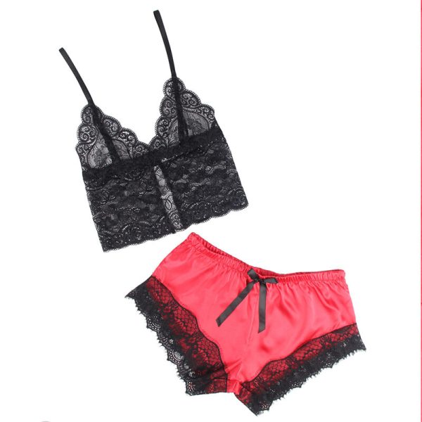 PIJAMA DE CETIM E RENDA 953959 (PRETO / VERMELHO) | L/XL