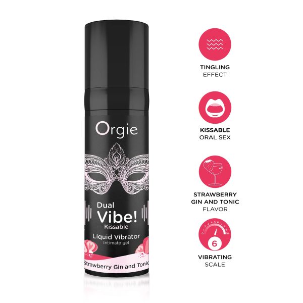 148071.jpg VIBRADOR LÍQUIDO COM SABOR A GIN TÓNICO DE MORANGO DUAL VIBE 15ML ORGIE